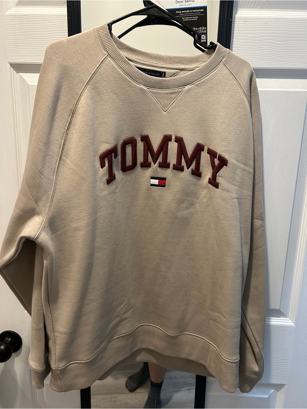 Tommy Hilfiger Beige Crewneck Sweatshirt with Burgundy 'TOMMY' Applique